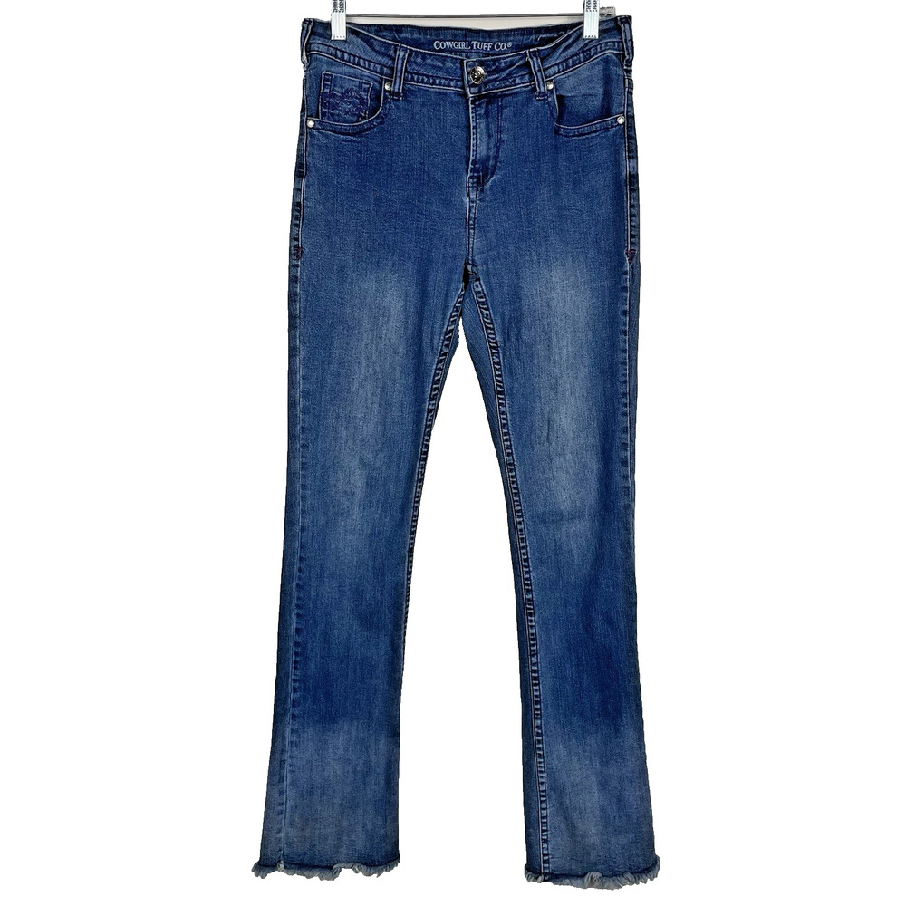 Cowgirl Tuff Co Bootcut Jeans Womens 30x35 Medium Wash Raw Hem Stretch Western